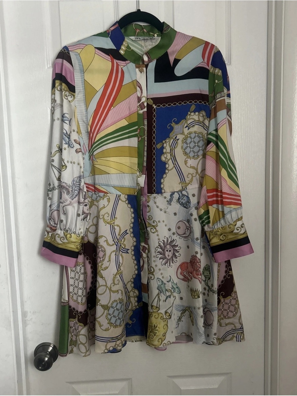 Zara Multicolor Printed Mini Dress — Pink, Green, Blue, Yellow, Cream